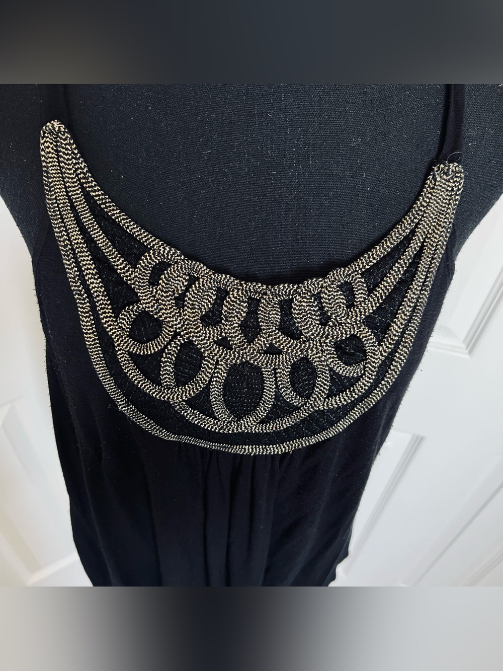 Vintage Black Lightweight Top w Gold Cord Neckline Size Large
